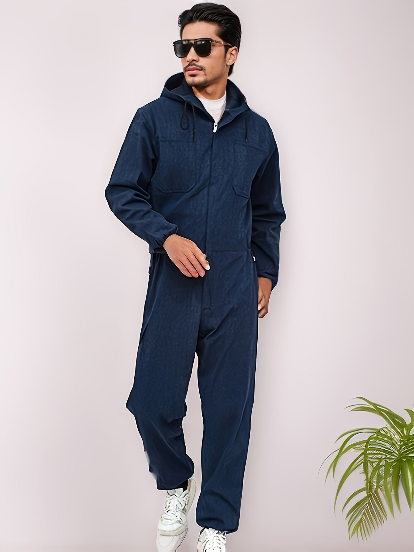 Unisex Hooded Denim-Look Coveralls - Loose Fit Zipper Front