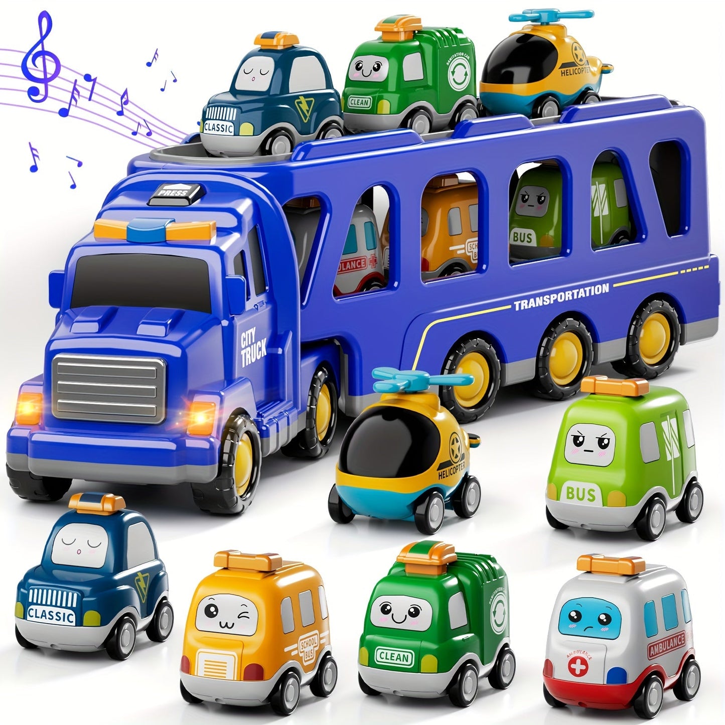 Transport Construction Truck Toy for Boys – 16.9 Inch Large Carrier Truck with 6 Cars, Lights & Sounds, Push & Go Vehicle Playset for Kids Toddlers, Birthday Christmas Gift for Boys Girls