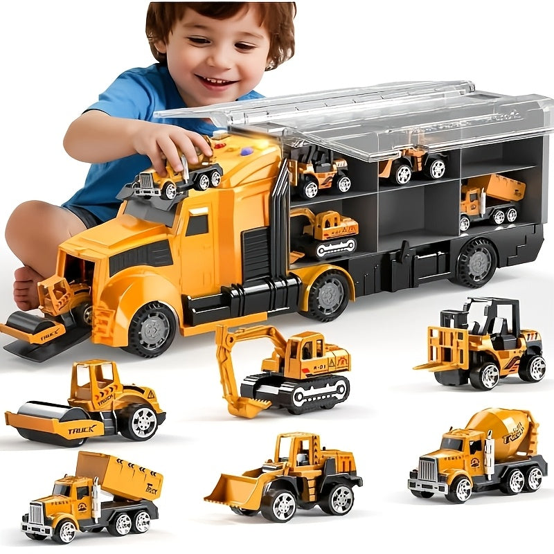 Diecast Construction Truck Toy Set 7-in-1 for Kids Ages 3-9 – Excavator, Bulldozer, Dinosaur Car, Race Cars, Boys & Girls Birthday Easter Gift