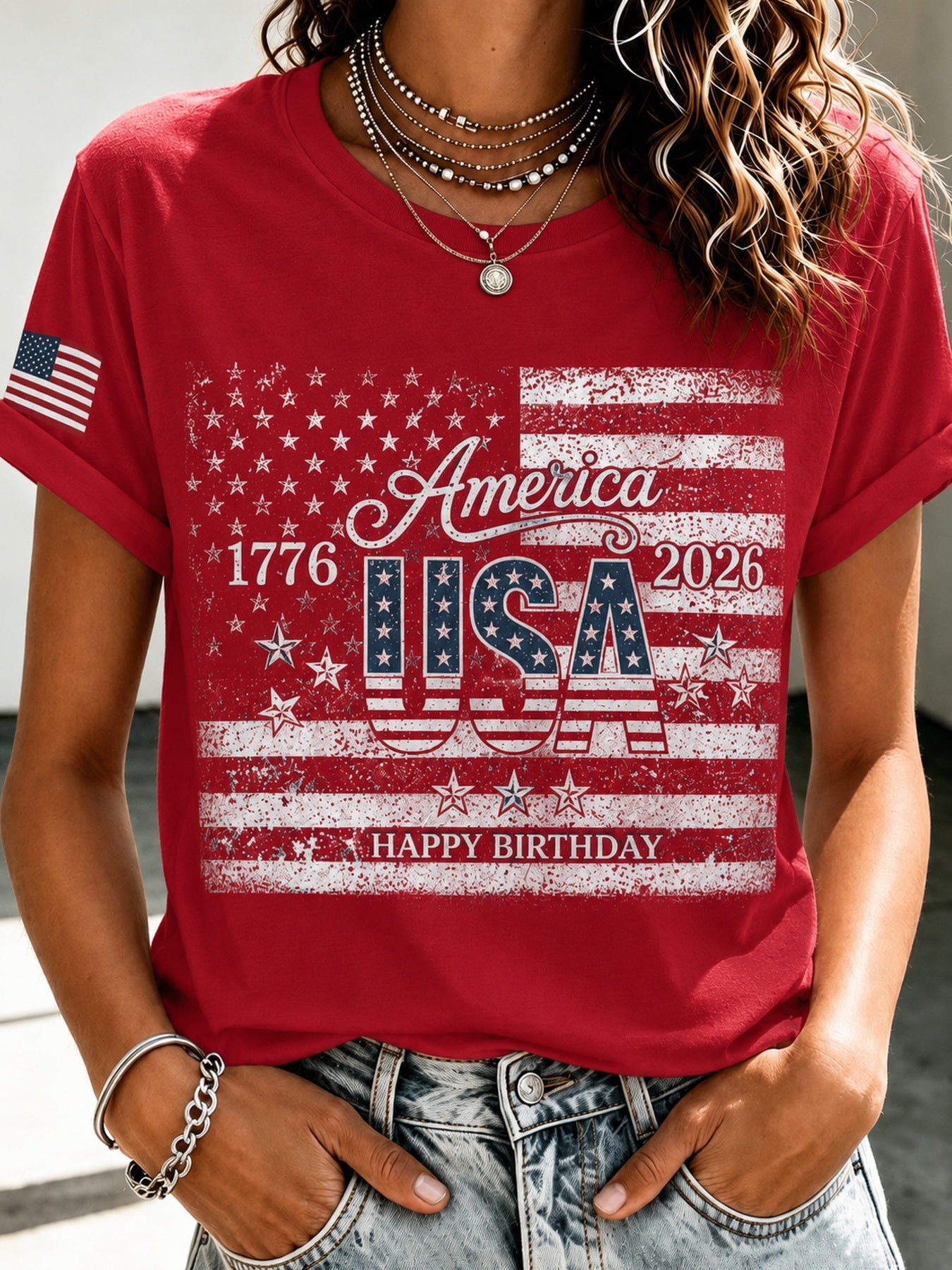 Men's Patriotic T-Shirt - Round Neck Short Sleeve Streetwear Style