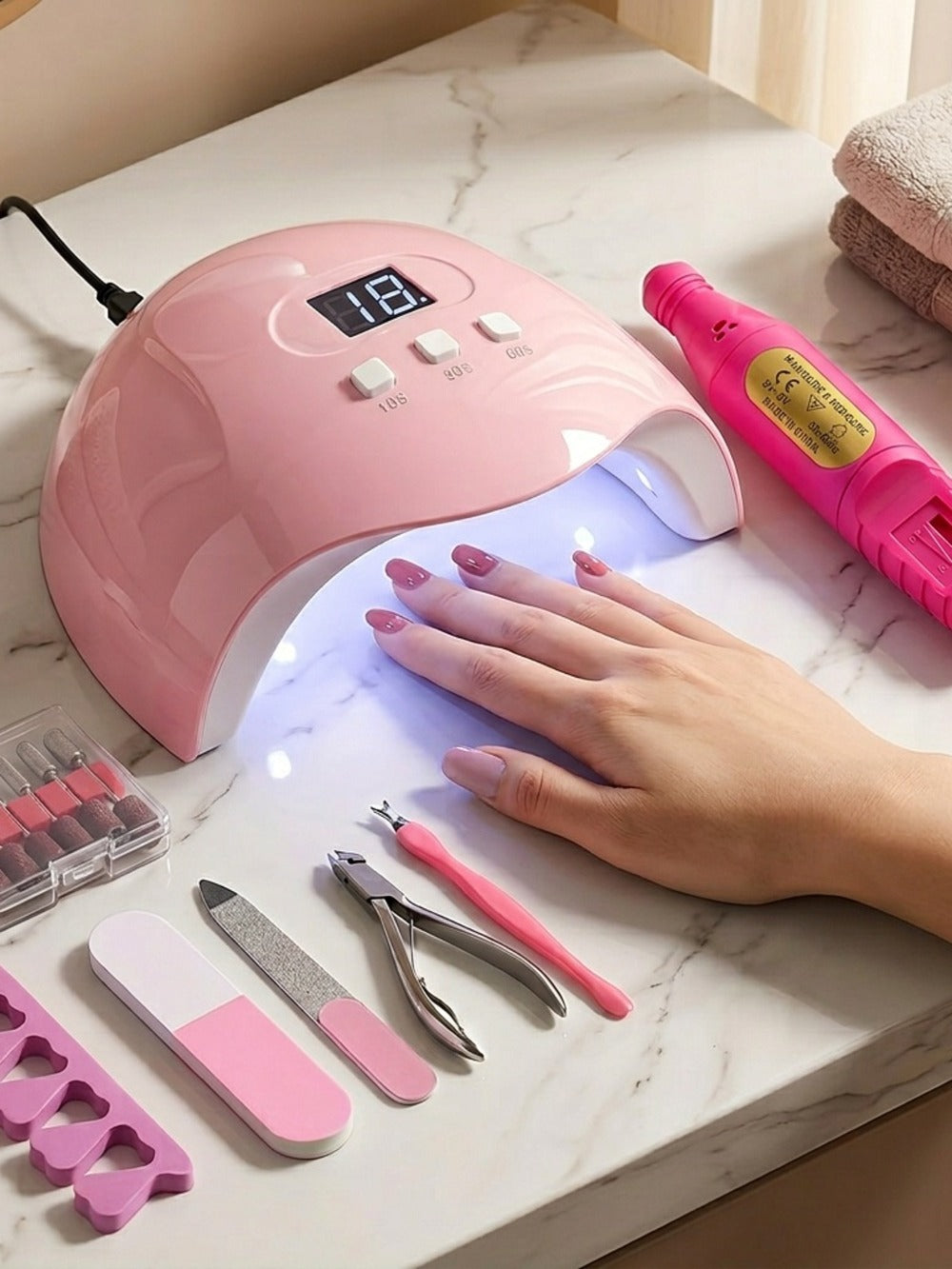 Nail Art Tool Set 7-in-1 Complete Professional Manicure Kit with UV Nail Lamp, Glue Dryer, Nail Polisher, Cuticle Pusher & Fork, Finger Divider – Stainless Steel Salon Kit for Women