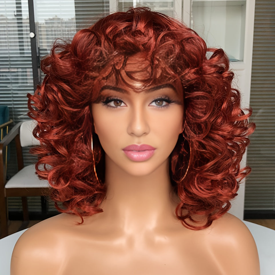 Short Curly Wig with Bangs for Women 14 Inch Jerry Curl Synthetic 13x1 Lace Front — Heat Resistant, Daily Wear Cosplay, Dark Brown Copper Red Dark Wine