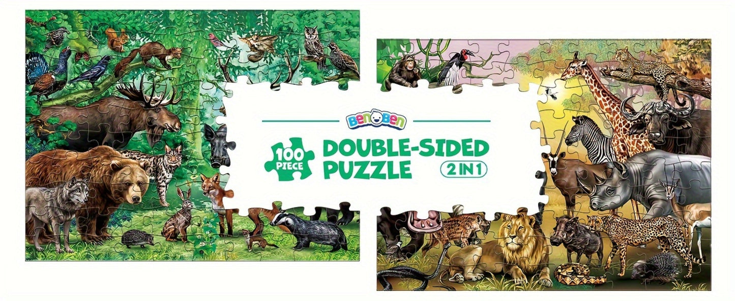 Double Sided Puzzle for Kids 100 Pieces Jungle Animals – 2-in-1 Jigsaw Educational Toy for Boys & Girls Ages 3 4 5 6 7 8, Fun Learning Activity, Birthday Christmas Thanksgiving Easter Gift