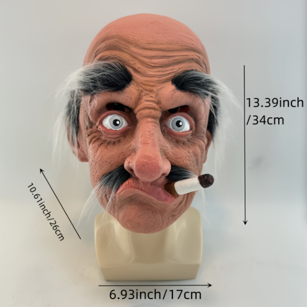 Old Man Grandpa Latex Full Head Mask with Beard – Realistic Smoking Elderly Halloween Costume for Adults Cosplay Theater Pranks Funny Disguise Prop Costume Party