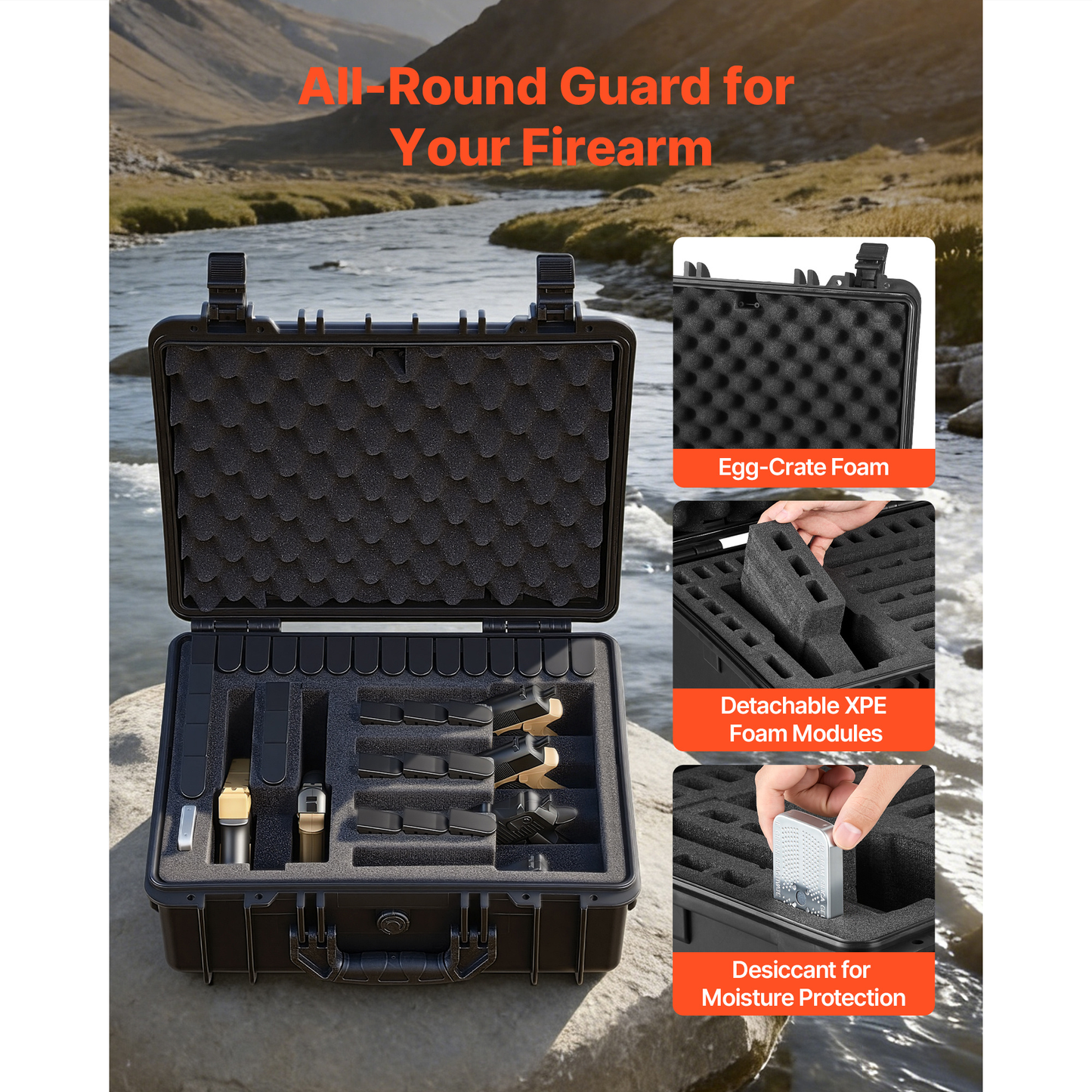 Hard Gun Case with Modular XPE Foam Interior – Heavy Duty Pistol Storage Box with Metal Hinges, 4 Lock Holes & Pressure Valve, Fits Glock & 6 Magazines, 18.7x12.5x7.5 in