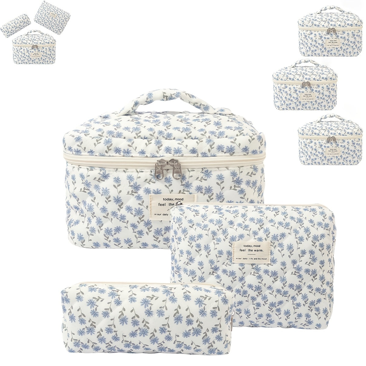 Quilted Makeup Bag Set 3 Pcs Floral Pattern Large Capacity Travel Cosmetic Organizer with Gold Zipper — Polyester Skincare Toiletry Pouch Blue Pink Peacock for Women