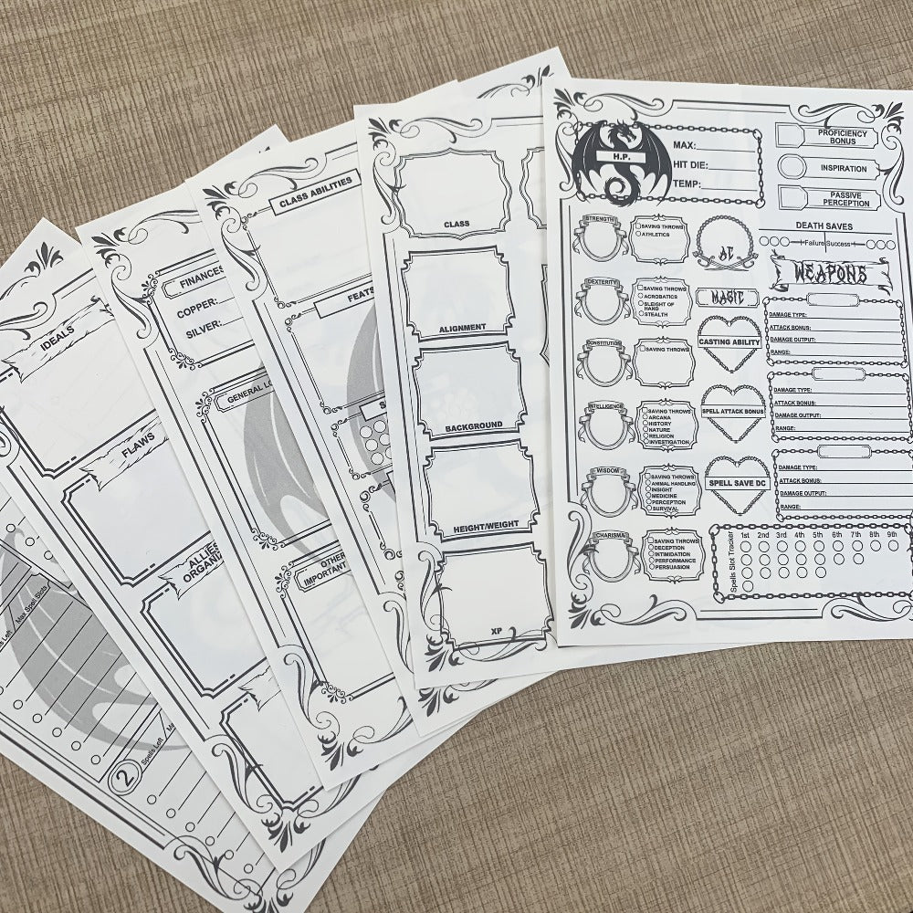 DnD 5e Character Sheet Set with Spell Tracker – A5 Player Journal for Dungeons & Dragons Campaigns, 10 Sets x 6 Unique Pages (60 Pages Total), Complete RPG Role Playing Game Accessory & Gift for Players & DMs