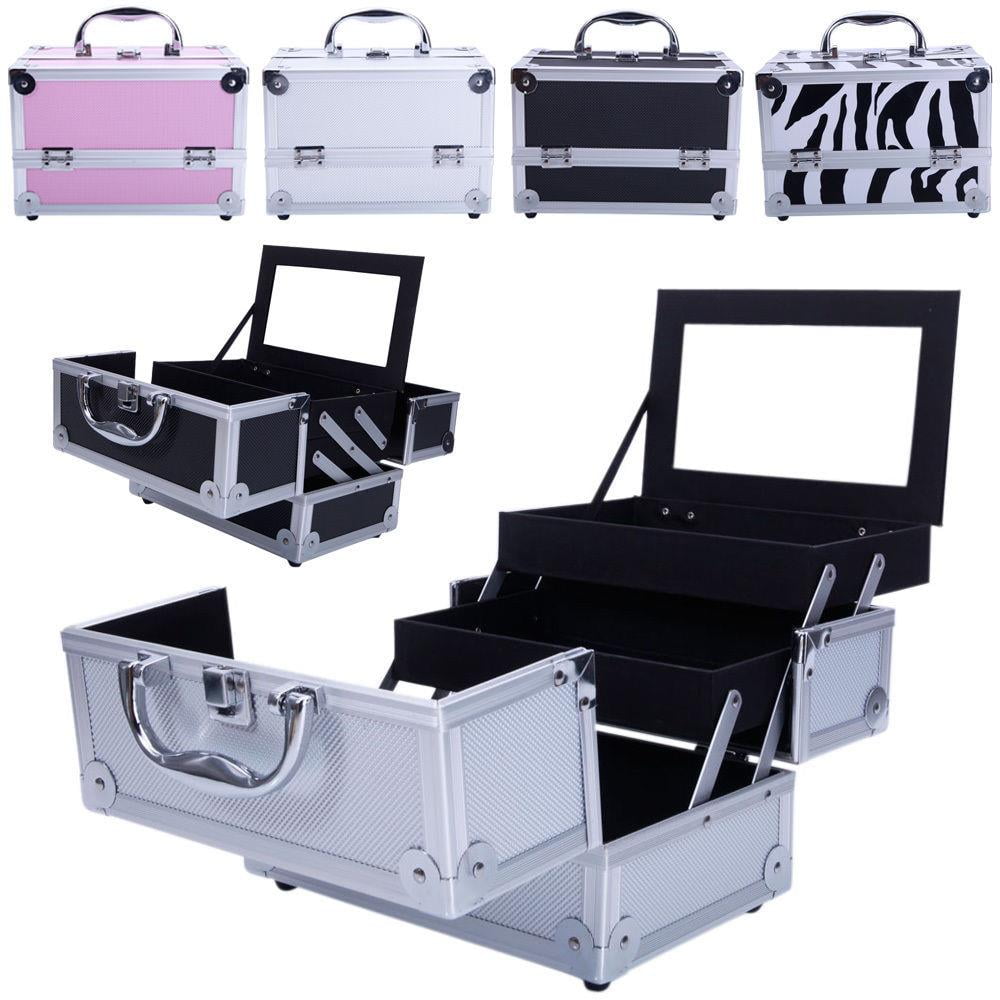 Aluminum Makeup Train Case with Wheels Large Capacity Lockable Cosmetic Trolley Organizer Adjustable Dividers Retractable Handle for Makeup Artists Salon Travel Black Silver Pink Beauty Gift