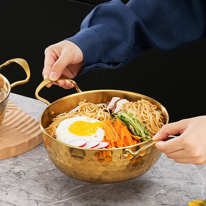 3-Piece Golden Stainless Steel Ramen Pot Set with Lids – Non-Stick Dishwasher Safe Cookware for Noodles Soups Curries – Textured Surface Pots for Home Camping Outdoor Parties Picnics