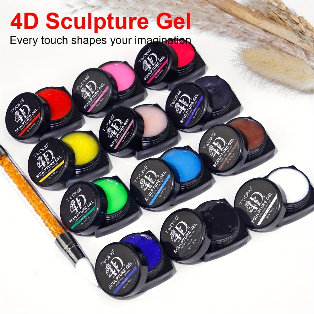 Nail Sculpting Gel Kit 3D 4D 12 Colors with Carving Pen — Firm Non-Sticky Soak-Off Sculpture Gel for Flowers, Leaves, Geometric Designs & Nail Extensions | UV LED DIY & Salon Nail Art for Women
