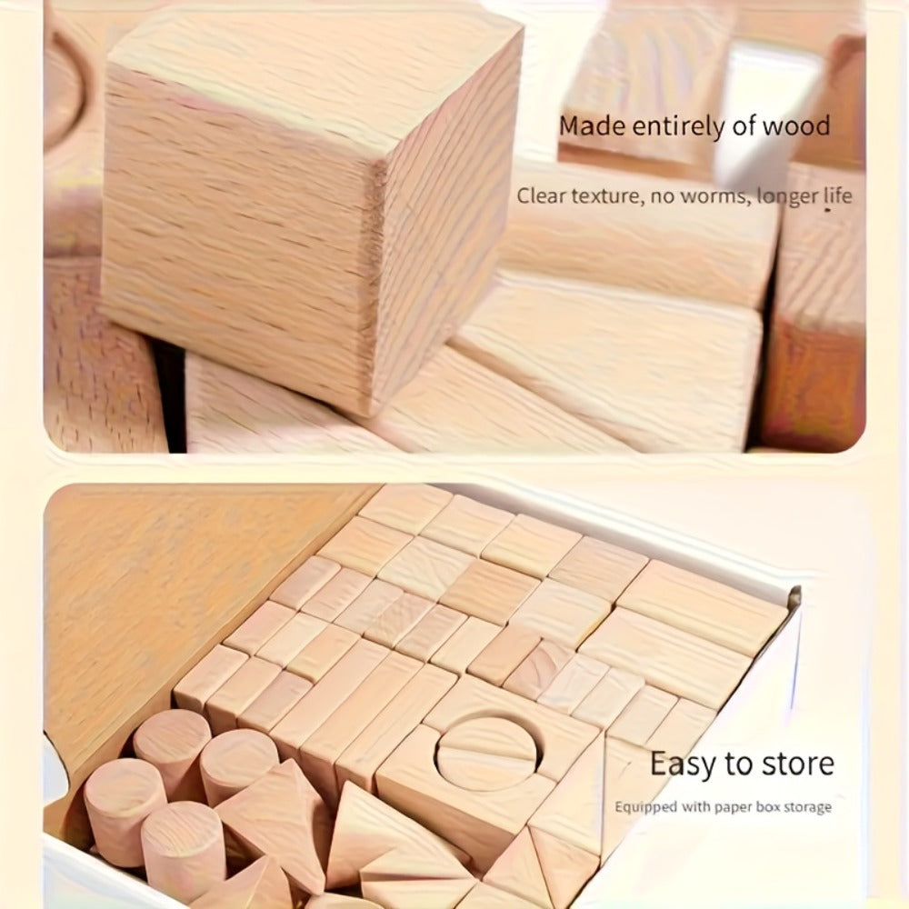 Natural Beech Wood Blocks 100 Piece Unpainted Solid Wooden Building Set – STEM Logical Thinking Toy for Kids Ages 3-12, Castle Stacking Sorting Educational Gift for Boys & Girls