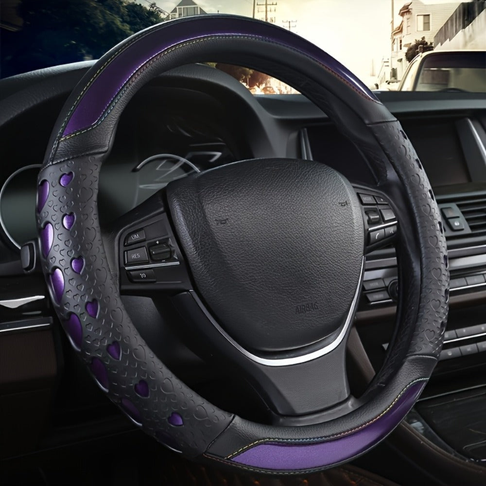 Steering Wheel Cover Faux Leather Heart Pattern – Non-Slip Wear-Resistant Anti-Aging All-Season Car Interior Accessory, Sports Style, Universal Fit, Cute Gift for Women Car Enthusiasts