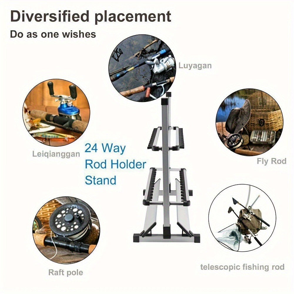 Aluminum Fishing Rod Holder Rack Holds Up to 24 Rods, Portable Lightweight Rust-Resistant Rod Stand with Cushioned Holders & Carrying Handle, Freestanding Fishing Pole Organizer for Garage Cabin Home