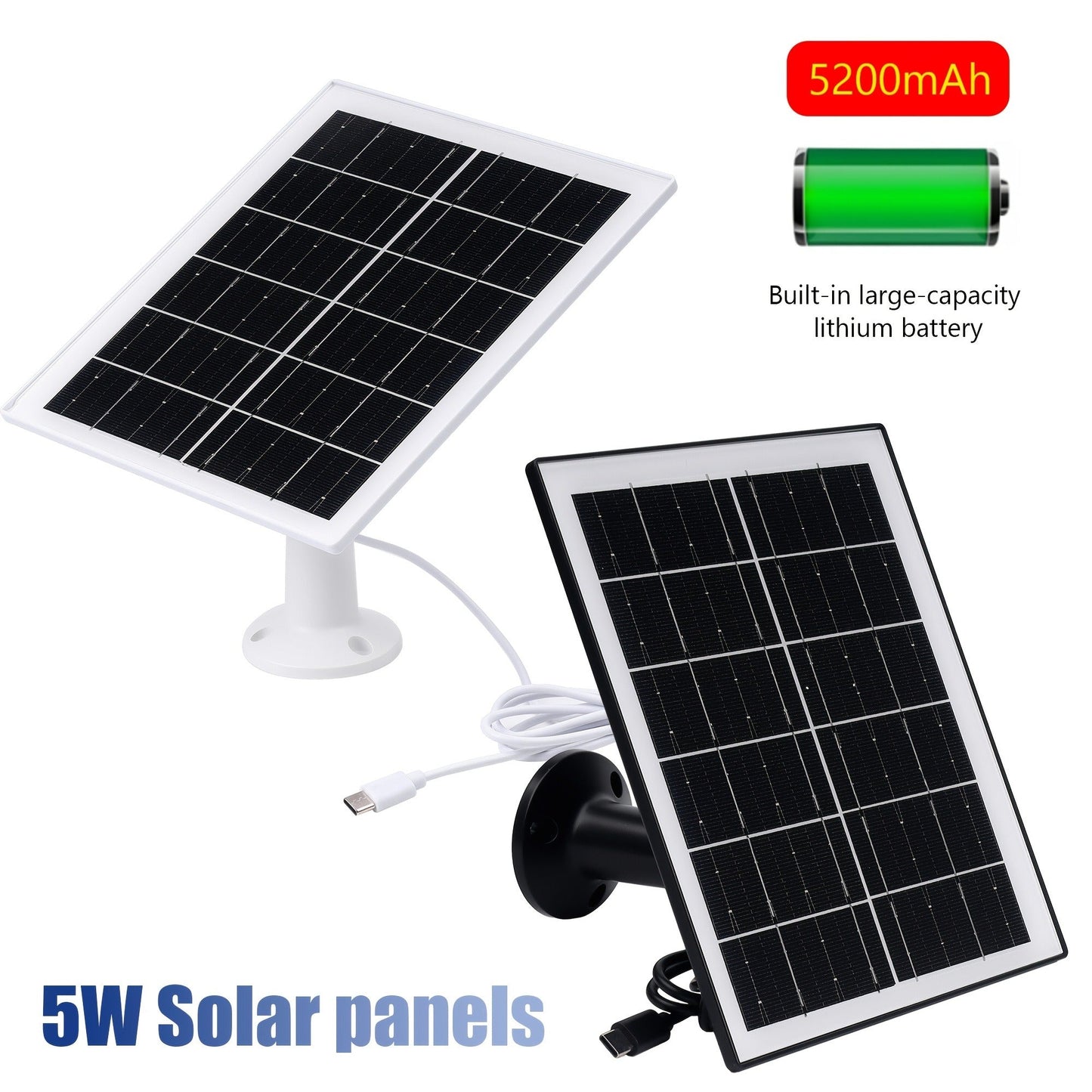 Solar Panel 5W Monocrystalline with Built-In 5200mAh Battery - 3rd Gen Emergency Charger for Security Camera, Doorbell, Outdoor Lights & Low-Voltage Devices, Portable Travel Power