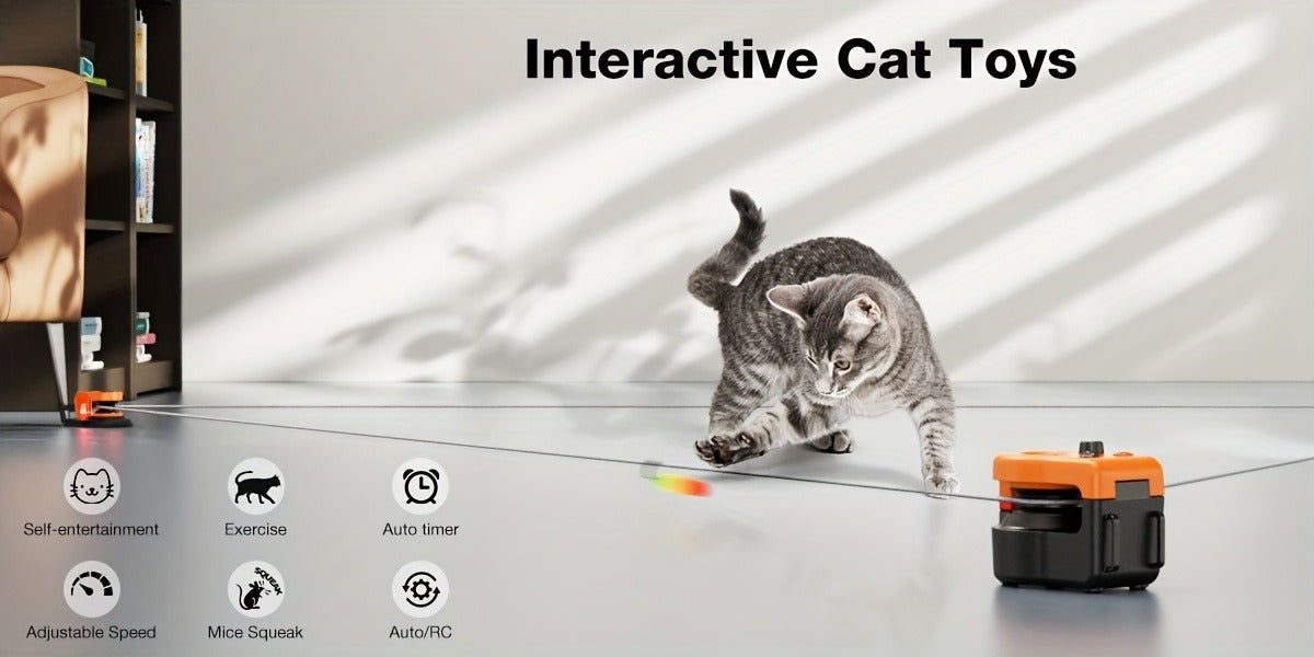 Interactive Cat Toy Auto & Remote Control - Electric Feather Mouse Lure Coursing Machine with DIY Track, Mouse Sounds, Auto Timer, Boredom Buster for Indoor Cats Kittens, 2 Speed Modes