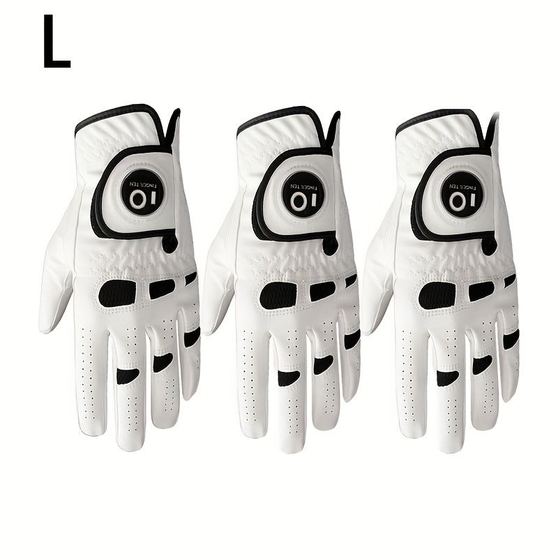 Men's Golf Glove Left Hand 3 Pack with Ball Marker – WeatherSof Soft Grip Cabretta-Style Golf Gloves for Men, Buckle Closure, All-Weather Performance, Sizes S to XXL (White)