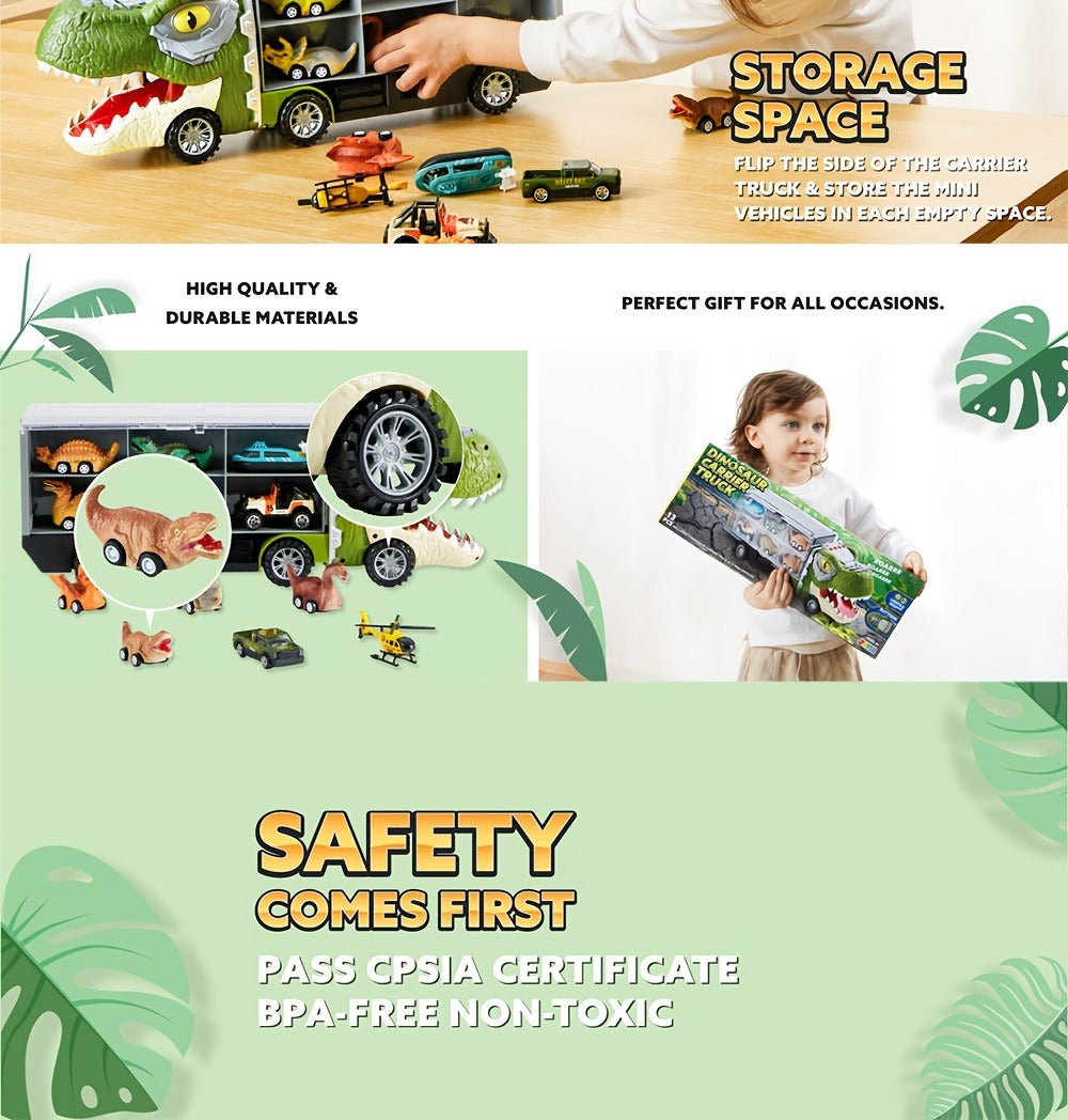 Dinosaur Truck Toy Set 13 PCS – Transport Carrier Truck with Lights & Sounds + 8 Pull-Back Cars + 3 Die-Cast Dino Vehicles + Helicopter | Friction Powered Dinosaur Toy for Boys Ages 3+ | Best Birthday Christmas Gift