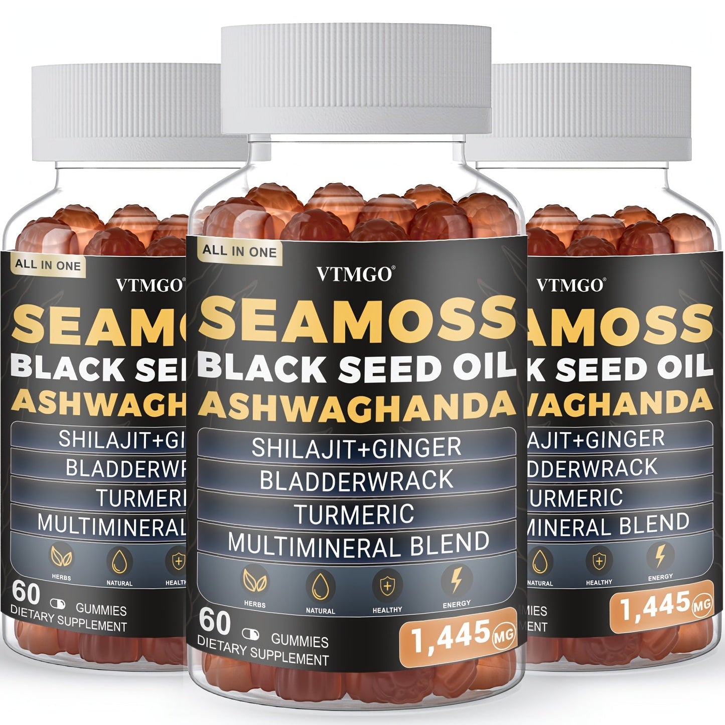 Sea Moss Gummies 1445mg with Shilajit Black Seed Oil Ashwagandha Elderberry Chlorophyll Turmeric Bladderwrack Ginger — 8-in-1 Antioxidant Superfood Supplement for Immunity Energy Gut Health & Wellness 60 Count