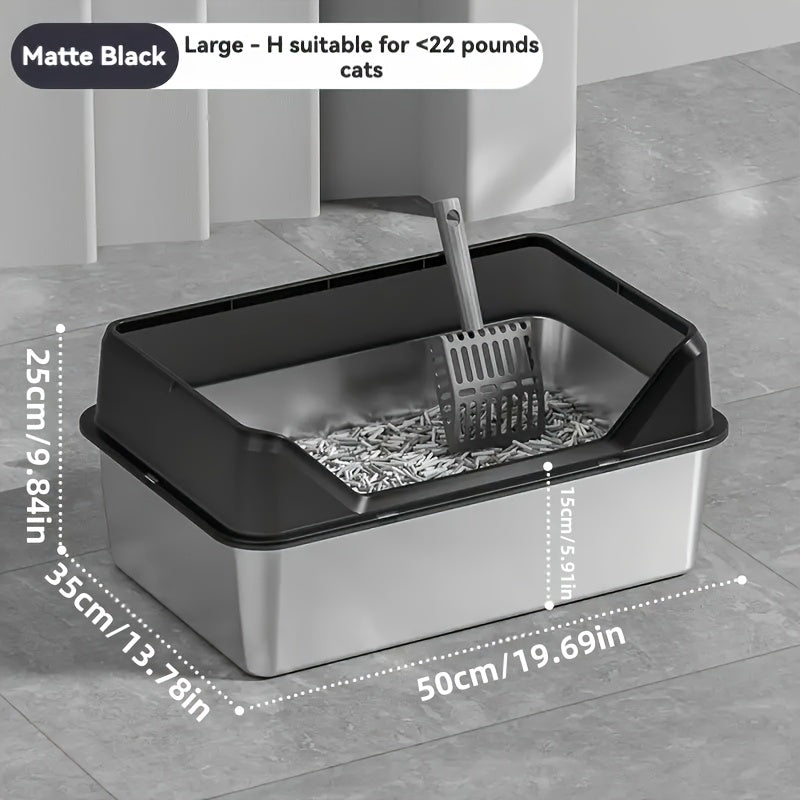 Oversized Stainless Steel Cat Litter Box with Lid – High Walls Non-Stick Leakproof, Includes Litter Scoop, XL & XXL in Khaki Gray Black