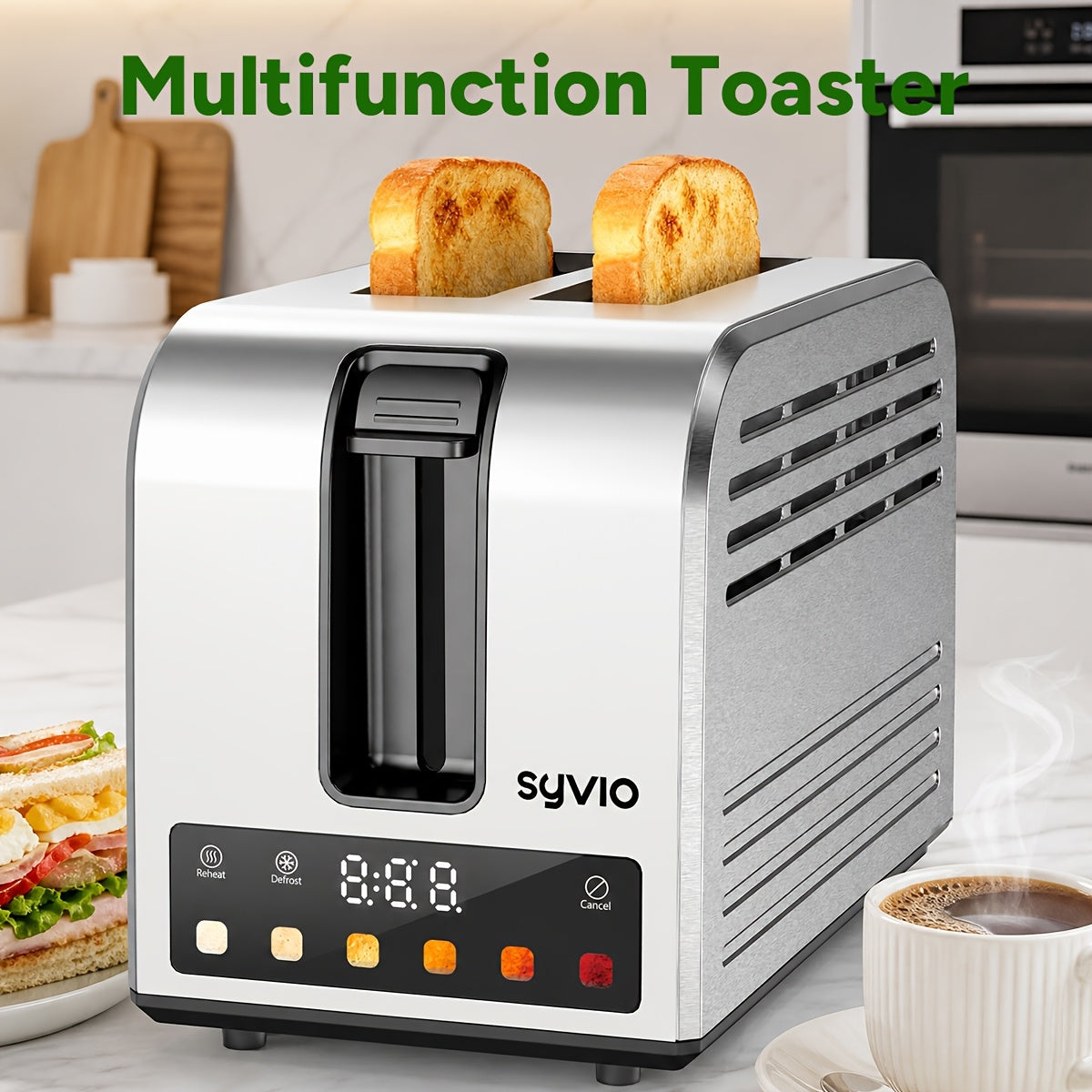 Toaster 2-Slice Stainless Steel Smart Touchscreen – 5 Bread Types, 6 Browning Levels, Wide Slots, Temperature Control, Removable Crumb Tray, Compact Kitchen Toaster