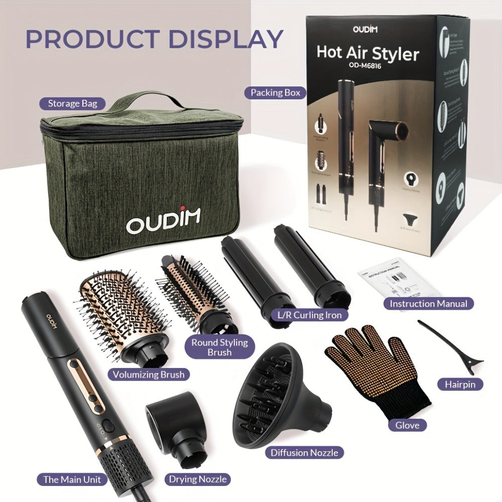 Hot Air Brush 6-in-1 Negative Ion Hair Dryer Brush & Styler 110000 RPM High-Speed Blow Dryer with Curling Iron Straightener Auto-Winding Curler Foldable Handle Storage Bag