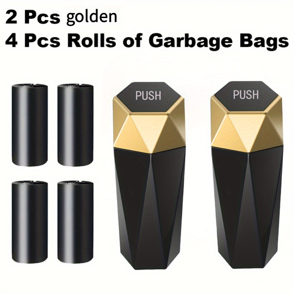 Car Trash Can with Trash Bags – Mini Diamond Design Car Bin Set, 2 Cans + 60 Bags (4 Rolls), One-Button Lid, Fits Cars Trucks SUVs – Car Interior Organizer
