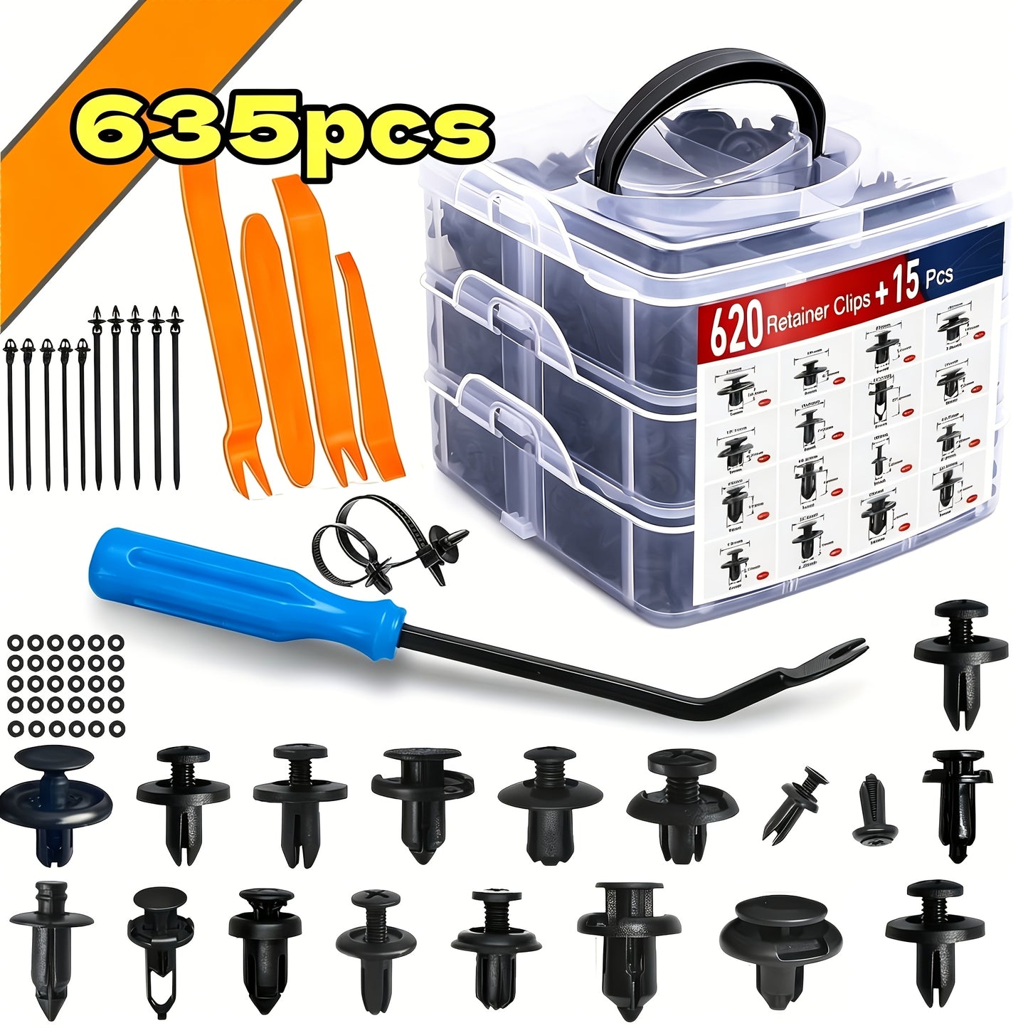 115/635/640/1290pcs Car Push Retainer Clips - 16 Sizes Nylon Bumper Fender Plastic Rivets Automotive Clips Auto Fasteners With 10 Cable Ties And Fasteners Remover Replacement
