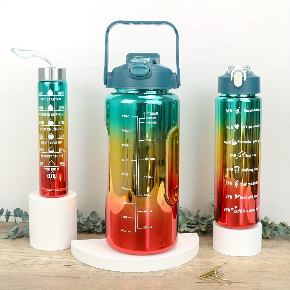Electroplated Sports Water Bottle Set 3-Pack 64oz 27oz 15oz | Leak-Proof Gradient Bottles with Straw & Time Marker for Gym Office School & Workout