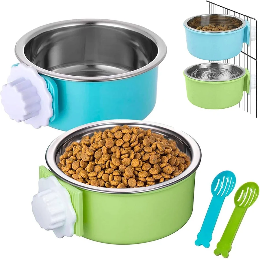 Stainless Steel Cage Bowl Set 2-Pack – Hanging Pet Feeder & Water Bowl for Dogs, Cats, Birds & Small Animals, Easy Install Crate Bowl with Cleaning Kit