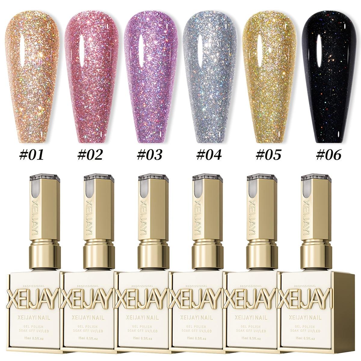 Cat Eye Magnetic Gel Nail Polish Set 6 Colors - Sparkling Stars Dynamic Rhinestone UV LED Soak Off Long Lasting Photo Frame Bottle Nail Art Kit for Women Home Salon