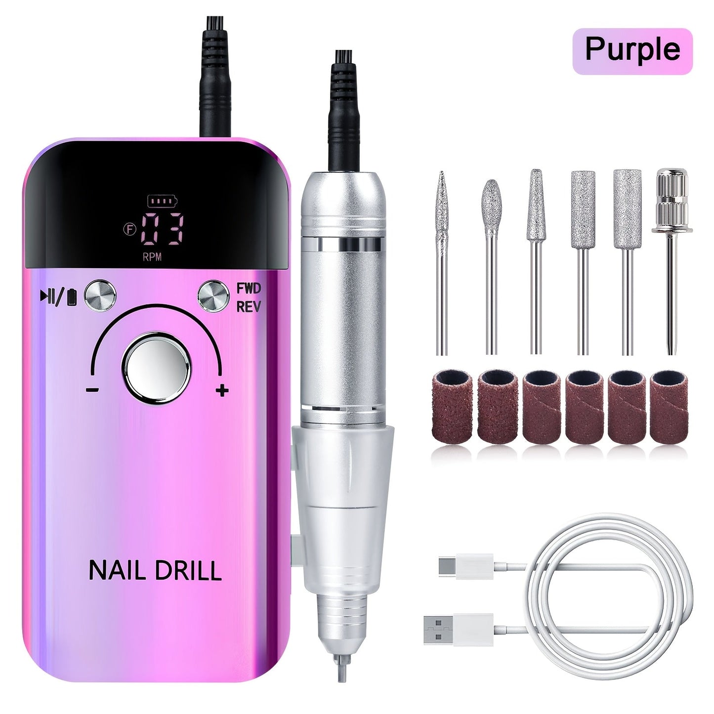 Nail Drill Machine 45000RPM Forward Reverse Rotation Rechargeable with LCD Display Low Noise Electric Nail File for Gel Polish Removal Acrylic Nails Manicure Pedicure Home Salon White Pink Black Purple