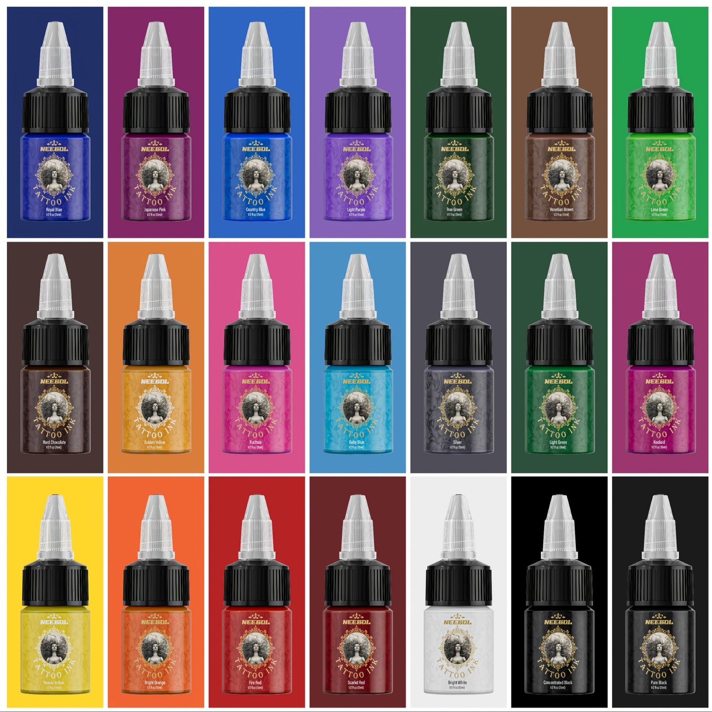 Color Tattoo Ink Set 14 & 21 Colors 0.5oz Per Bottle — Vibrant Long-Lasting Pigment, Smooth Flow, Multi-Style Compatible for Body Art, Permanent Makeup, Beginners & Artists