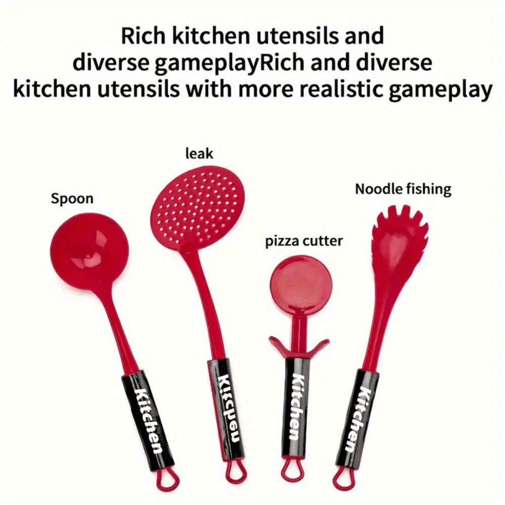 Kids Pretend Play Kitchen Set 51 Pcs – Cookware Tableware & Play Food Toddler Kitchen Toy for Boys & Girls Ages 3+ – STEM Learning Role Play Cooking Gift for Birthday Christmas Holiday Red