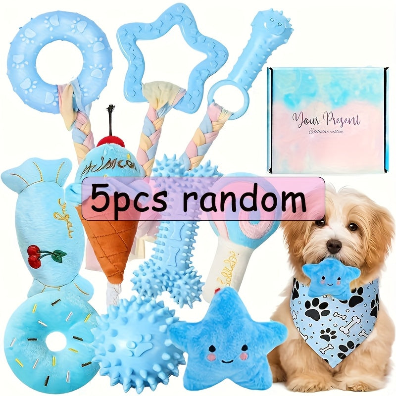 Puppy Chew Toy Set 5 Pieces - Non-Toxic Plush and Plastic Teeth Cleaning Toys for Small Dogs, Durable Teething Toy Bundle for Dental Health, Interactive Play and Self-Entertainment, Random Assortment