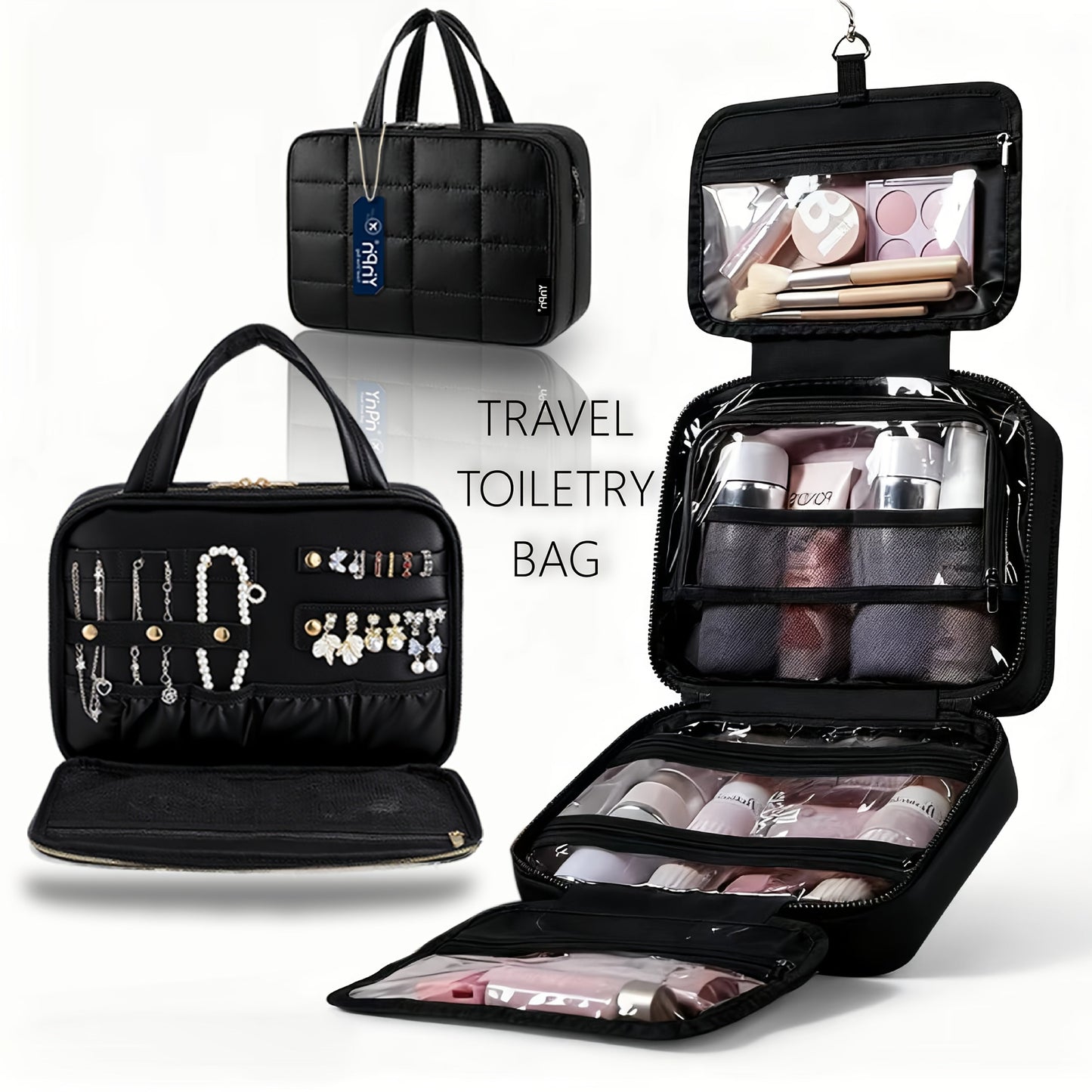 Hanging Travel Toiletry Bag Large Capacity for Full-Size Products Waterproof Cosmetic Organizer with Hook — Bathroom Makeup Travel Bag for Women Pink Beige Black
