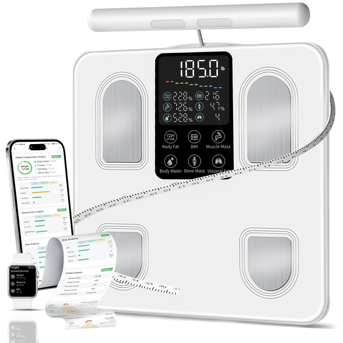 Smart Body Fat Scale with Handle, 8-Electrode Full Body Composition Analyzer, BMI Muscle Mass Monitor, Digital Weight Scale with APP Sync & LED Display for Home Gym Fitness Tracking