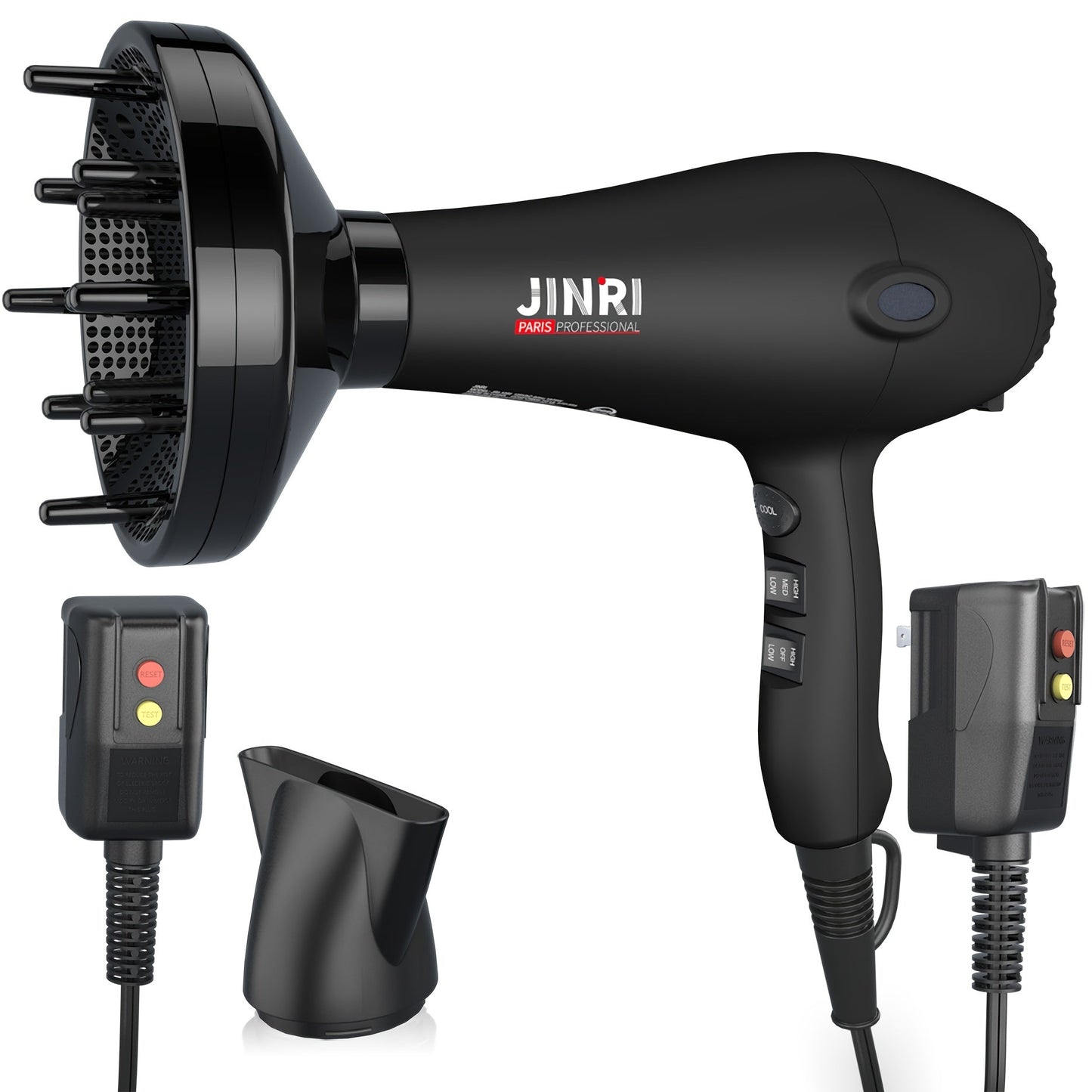 1875W Professional Hair Dryer with Diffuser & Concentrator — Ionic Technology, Salon-Quality Blowout for Curly Hair, Adjustable Cord, US Plug, Black