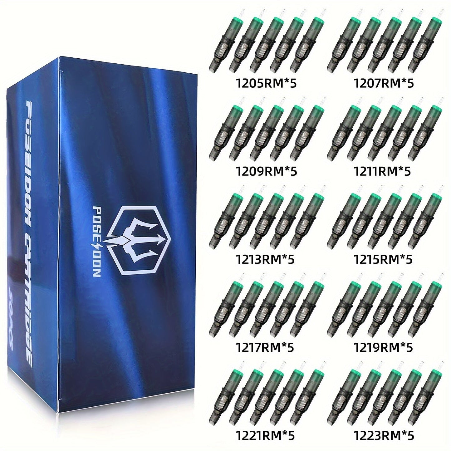 Curved Magnum Tattoo Cartridge Needles 50pcs Mixed Set - Round Mag CM RM Long Taper #12 Standard Disposable Membrane, Compatible with All Cartridge Grips & Rotary Machines, for Shading Blending & PMU