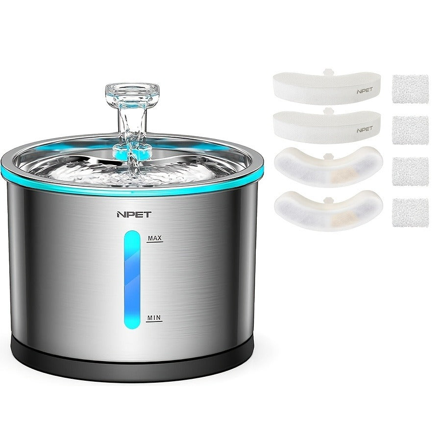 Cat Water Fountain Stainless Steel 50oz/1.5L - Ultra Quiet Auto Pet Water Dispenser with LED Light, Visible Window & Dishwasher Safe - Includes Replacement Filters for Cats & Dogs Indoor