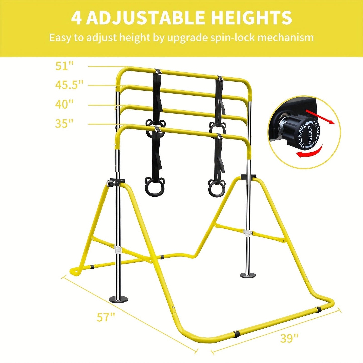 Adjustable Gymnastics Pull-Up Bar for Kids & Teenagers – Height Adjustable Horizontal Bar for Indoor Outdoor Home Use, Strength Training & Fitness Exercise Equipment, Green & Yellow