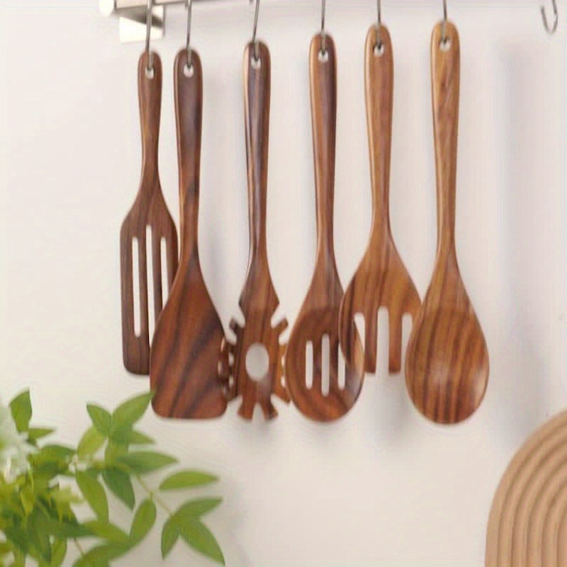 Wooden Cooking Utensils Set 6 Piece – Teak Wood Non-Stick Kitchen Tools with Comfortable Grip | Sturdy, Lightweight & Heat-Resistant Utensils for Indoor & Outdoor Cooking