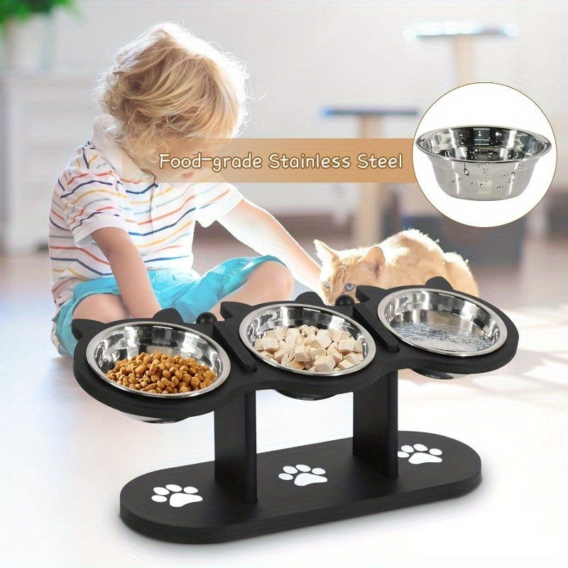 Elevated Cat Bowl Stand with Tilted Stainless Steel Bowls - Adjustable Raised Feeder, Anti-Spill, Black Wood Base for Cats & Small Dogs