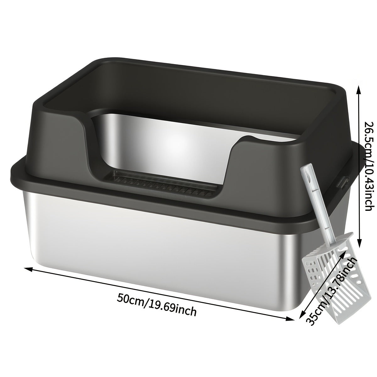Stainless Steel Cat Litter Box with Scoop - High-Wall Semi-Enclosed Design, Non-Stick Easy Clean Surface, Anti-Leakage Odor Control, 2 Sizes for Kittens & Multiple Cats, Modern Metal Pet Toilet