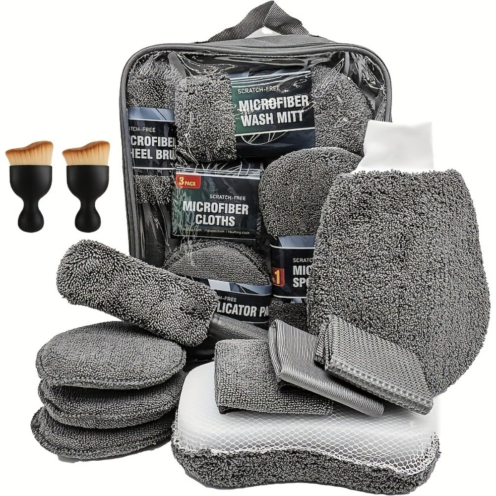 11-Piece Car Cleaning Kit – Tire Brush, Microfiber Wash Gloves, Thick Absorbent Pads & Detail Sponges for Interior & Exterior Car Detailing, Complete Auto Wash Set, Gray