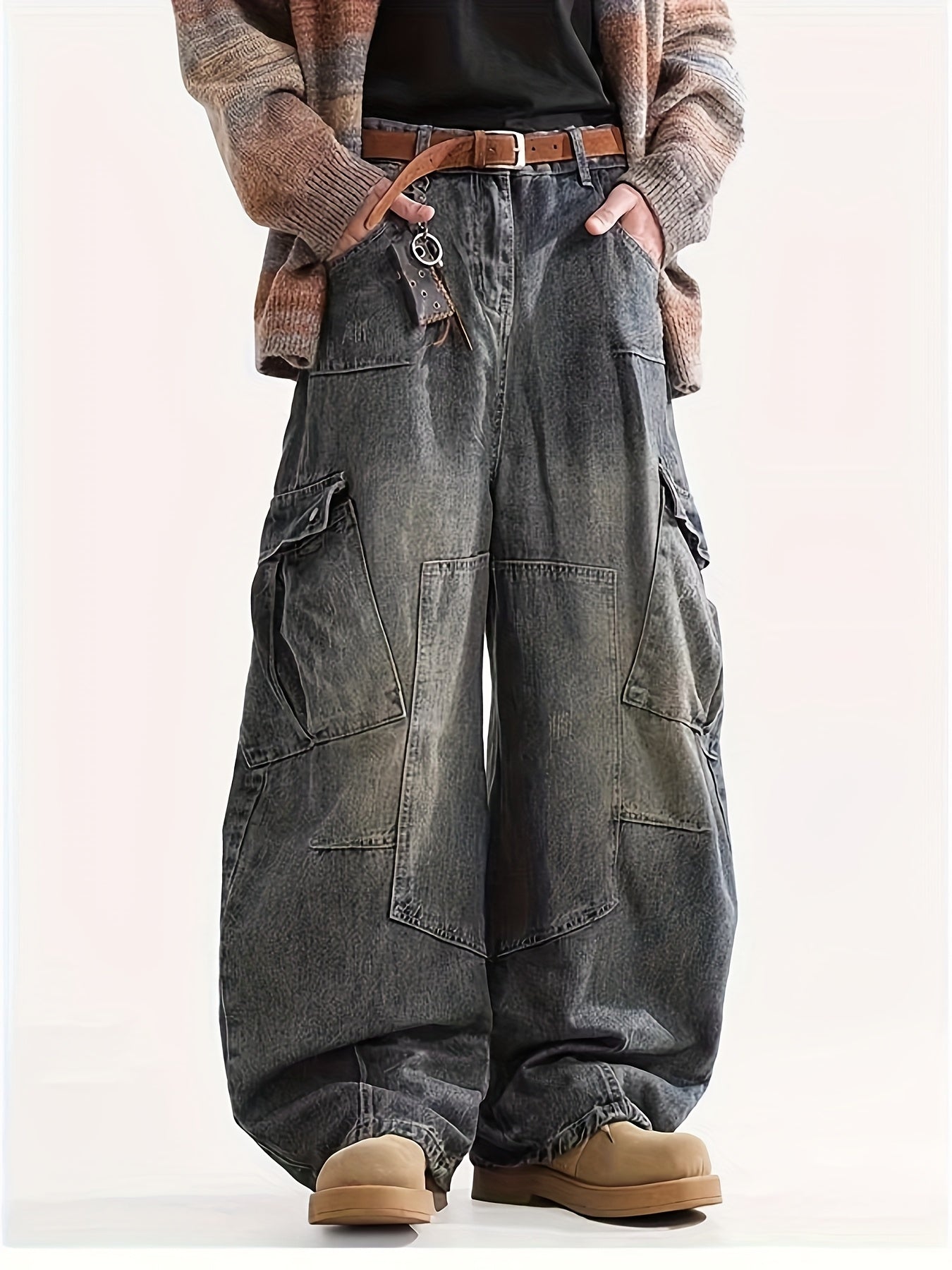 Men's Baggy Jeans - Black Denim Utility Pocket