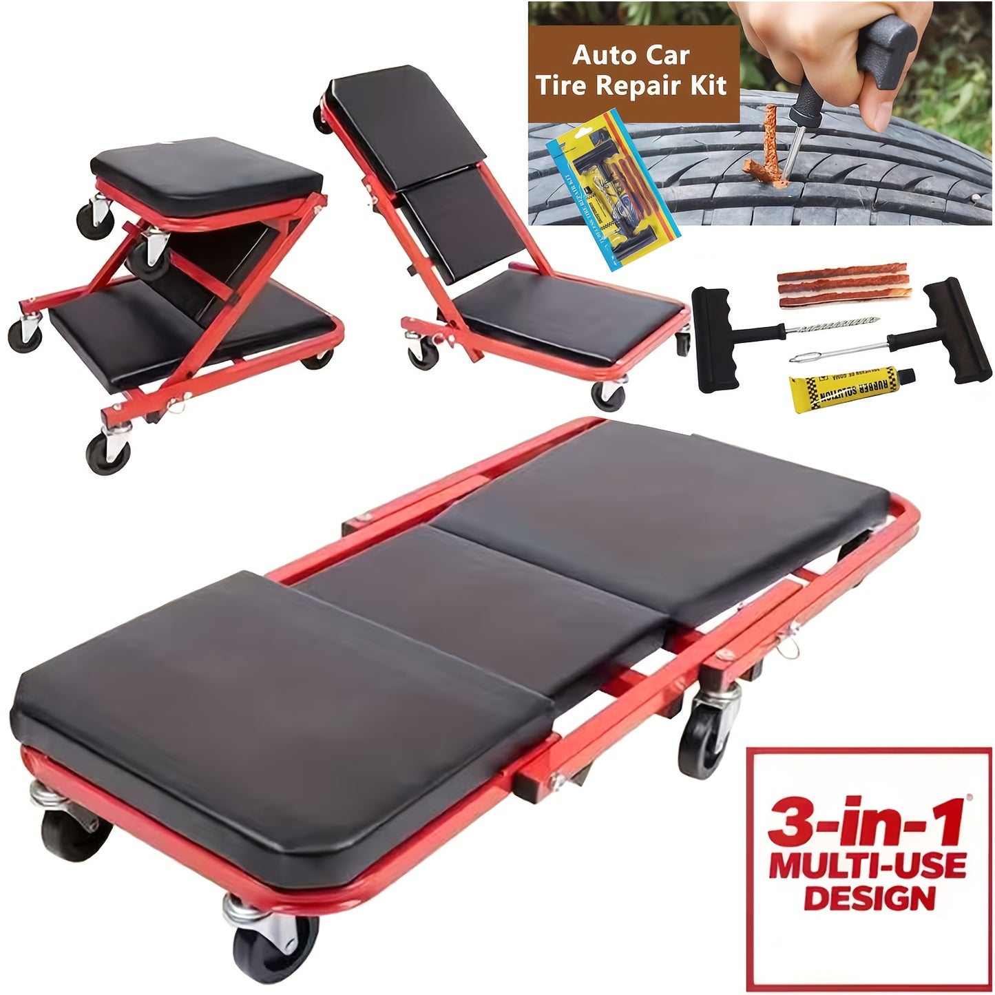 Mechanic Creeper 36-Inch Z-Crawl Folding – Adjustable Load Board, 6-Wheel 2.5" Rolling Garage Repair Seat, Universal Fit with Optional Tool Kit Bundles