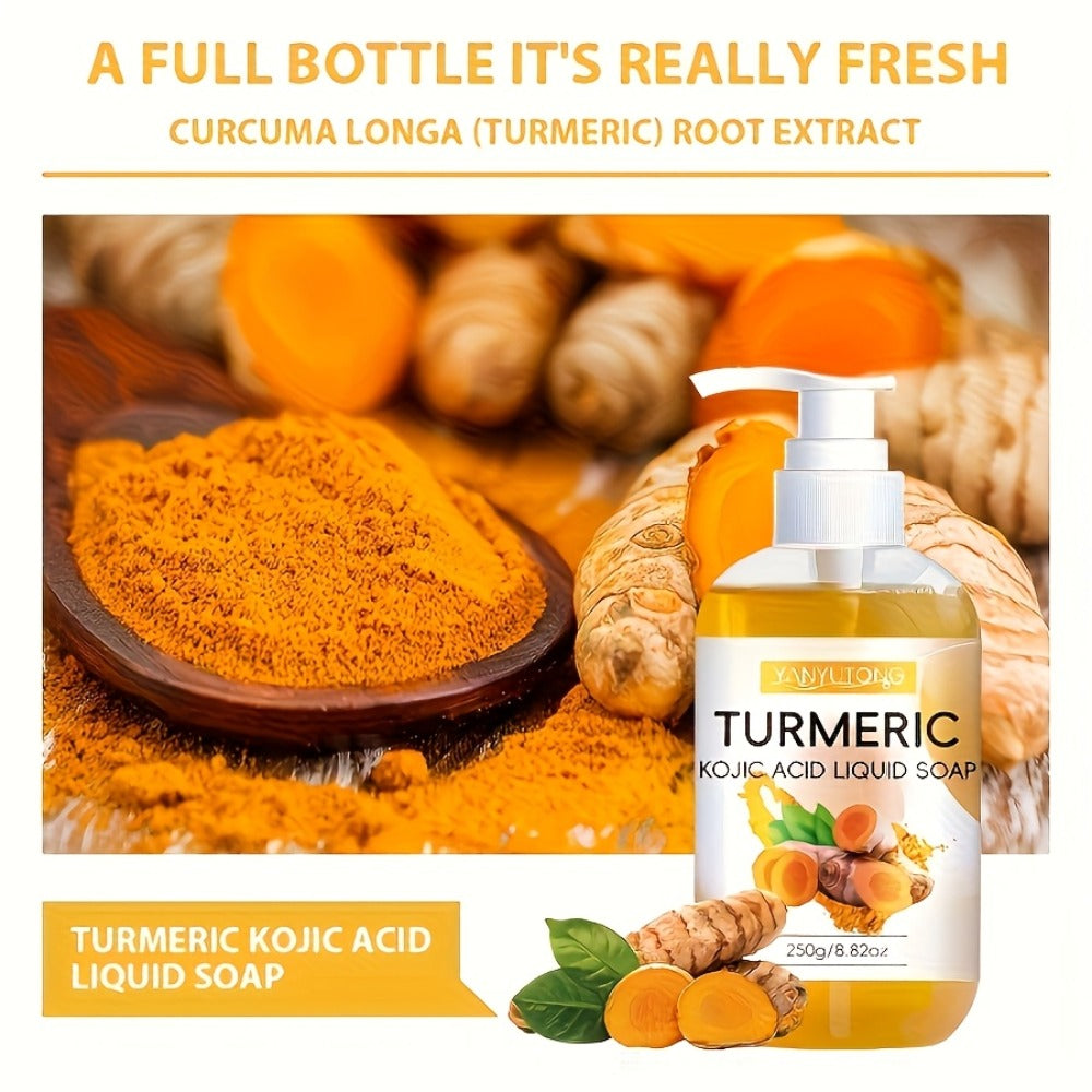 Turmeric Kojic Acid Liquid Soap 250g – Skin Brightening Body Wash for Dark Spots, Even Skin Tone, Deep Cleansing Rich Foam, Long-Lasting Fragrance, Gentle for All Skin Types