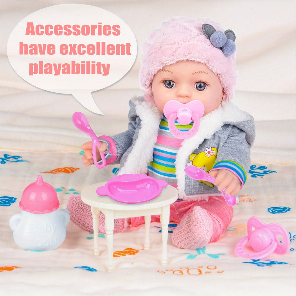 Baby Doll Playset 12 Inch with Clothes Accessories Complete Nurturing Toy Set Hat Coat Romper Tableware Feeding Bottle Pacifier Gift for Girls Toddlers Kids Ages 3+