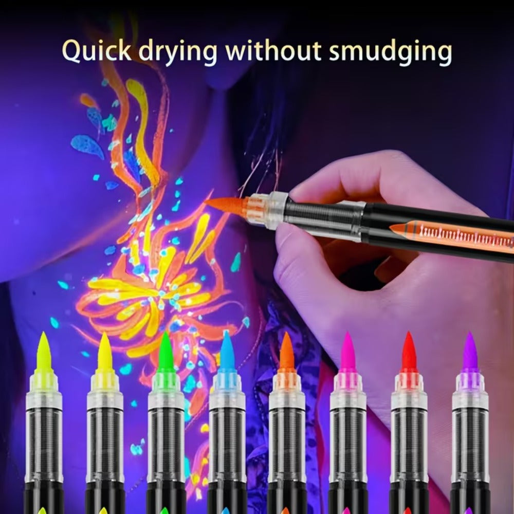 Face Body Paint Pen Set 8 Colors with 105 Tattoo Stencils – Glow in the Dark Neon UV Blacklight Face Paint Kit Easy Apply & Remove for Halloween Party Festival Cosplay Stage