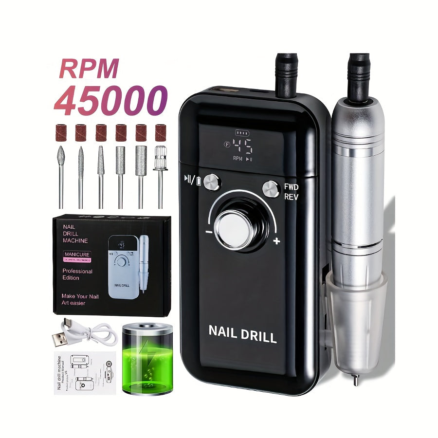 Nail Drill 45000 RPM Rechargeable Professional Electric Nail File Kit with Drill Bits Sanding Bands Low Noise Portable Manicure Pedicure Polishing Set for Salon Home Women Nail Techs